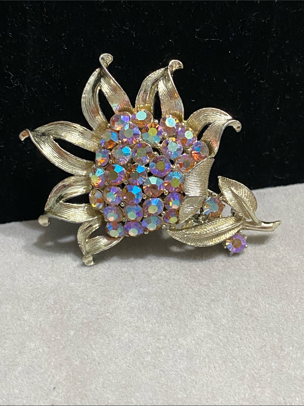 Coro Gold-Tone Flower Brooch with Iridescent Aurora Crystals